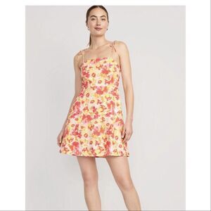 Old‎ Navy Floral Linen Tie Shoulder Cami Mini Dress Sundress Pink Yellow Small
